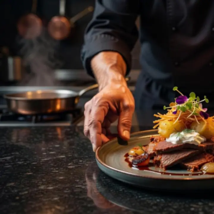 Séf gondosan tálal egy fine dining tányért a bistro konyhájában