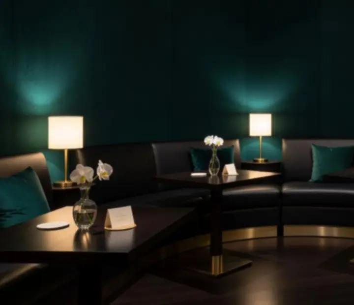 Dark jade lounge enteriőr, meleg világítással és klubfotelekkel
