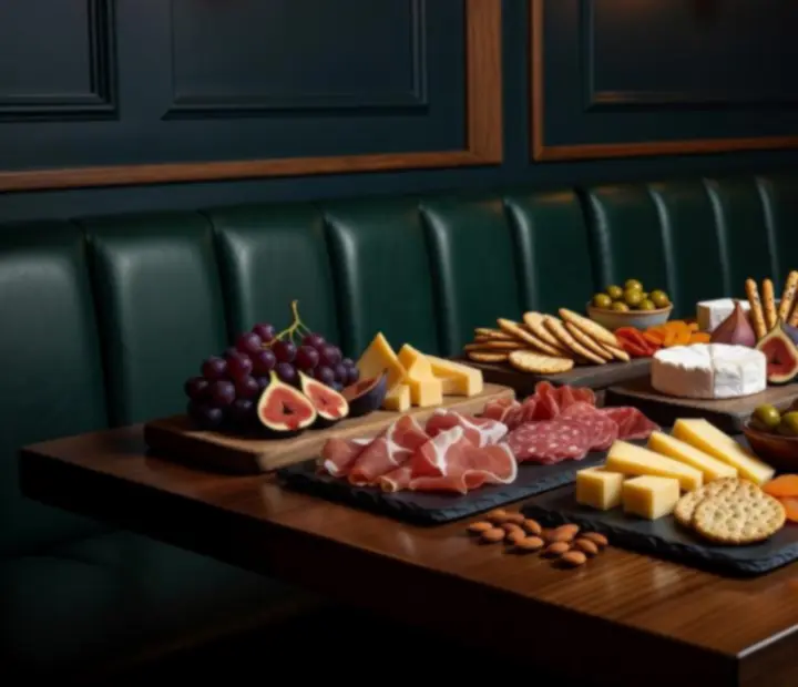 Elegáns, megvilágított asztalon gourmet sajt- és charcuterie tálak, társasági est hangulatban