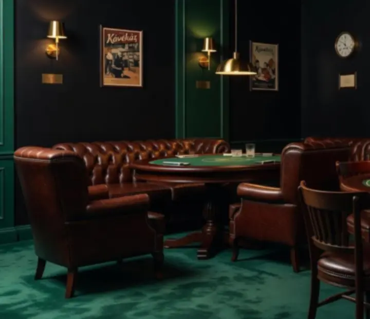 Mood-lit, sötét jade lounge szoba klubfotelekkel és kártyaasztalokkal