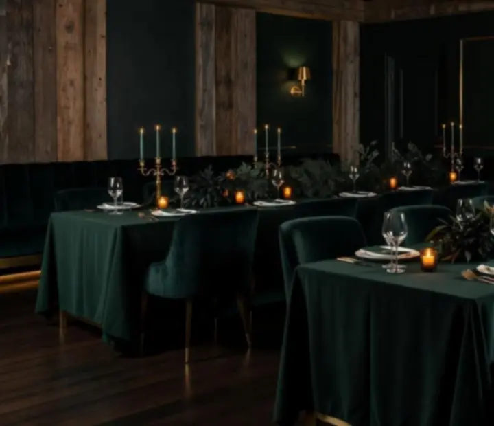 Hangulatos, mood-lit bistro terem privát rendezvényhez, sötét zöld és fekete tónusokkal